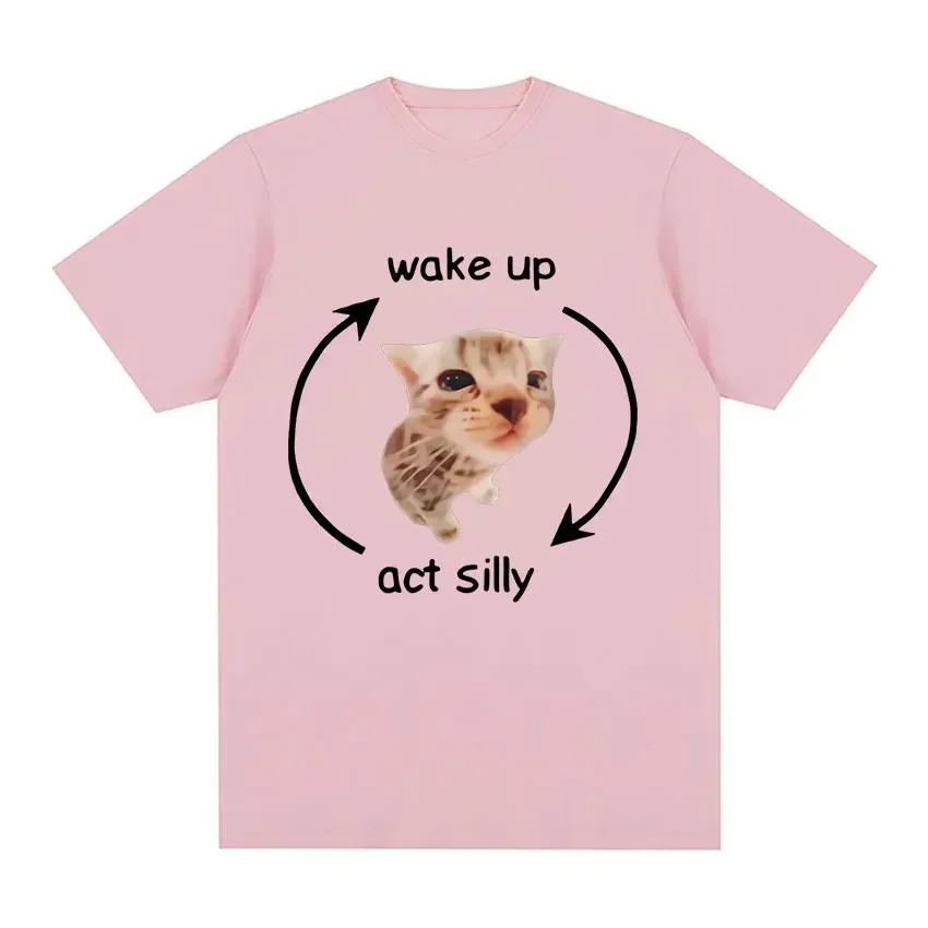 Wake Up Act Silly Meme Graphic T Shirt Funny Cute Cat Print Short Sleeve T-shirt Women Casual T Shirts