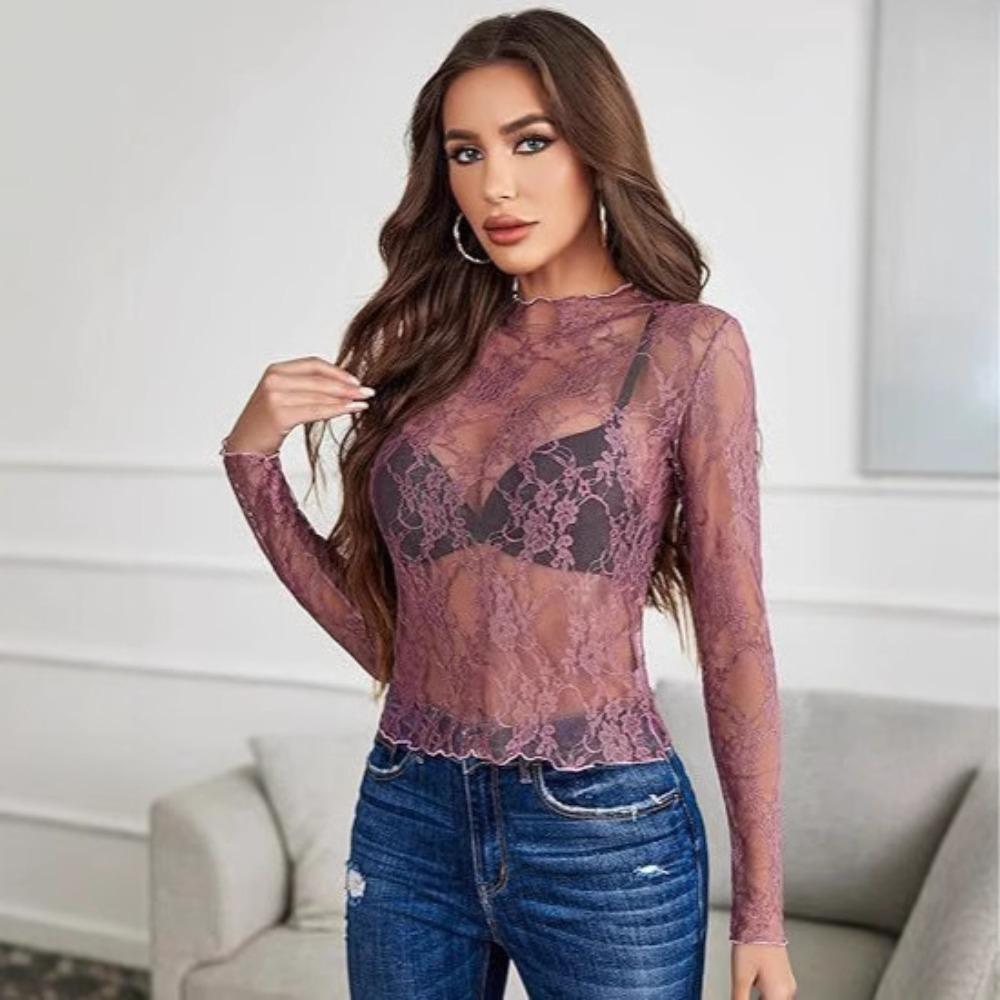 Summer Autumn New Lace Women's Top Long Sleeve Transparent Perspective Top Fashionable Stylish Sexy Versatile Women's Long Sleeve T-shirt