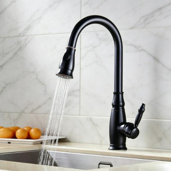 Elegant European-Style Brass Kitchen Faucet with Pull-Out Sprayer for Hot and Cold Water