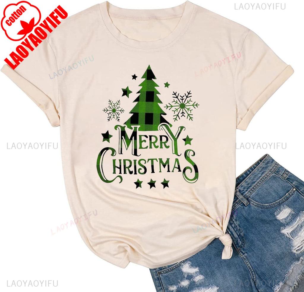 New Year Xmas Gift Merry Christmas Cotton Shirts for Women Merry and Bright Tree Graphic Holiday Printed TShirt Tops Unisex Tee