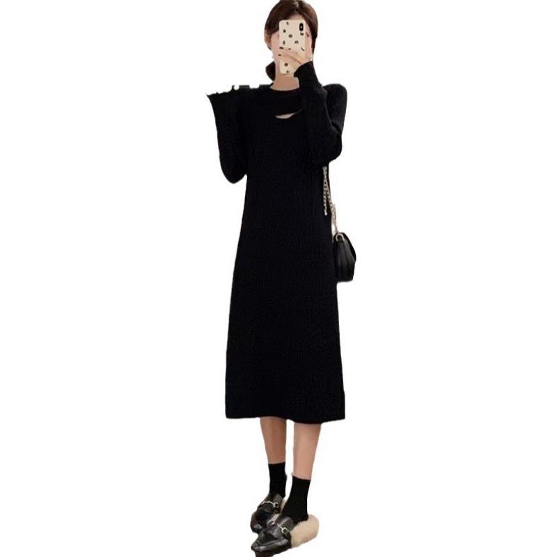 Autumn and Winter New Design Sense Hollow Knitted Primer Dress Women Loose and Thin Medium and Long Inner Sweater Skirt