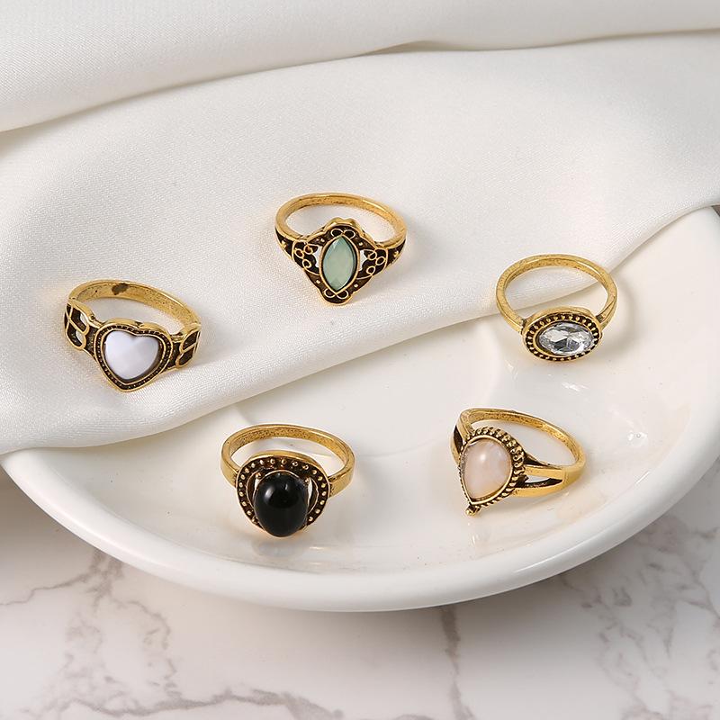 Rings, Vintage Fashion Opal Black Diamond Combination Set 5-Piece Ring Set