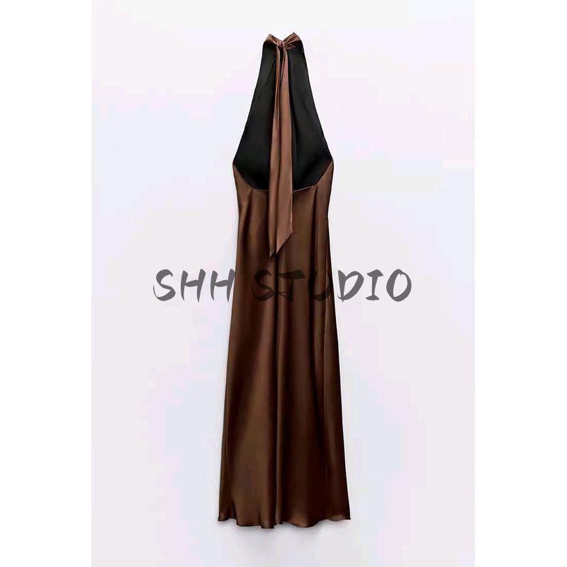 Spring New Women's Clothing French Hanging Collar Pleated Decoration Open Back Silk Satin Texture Dress 3274548