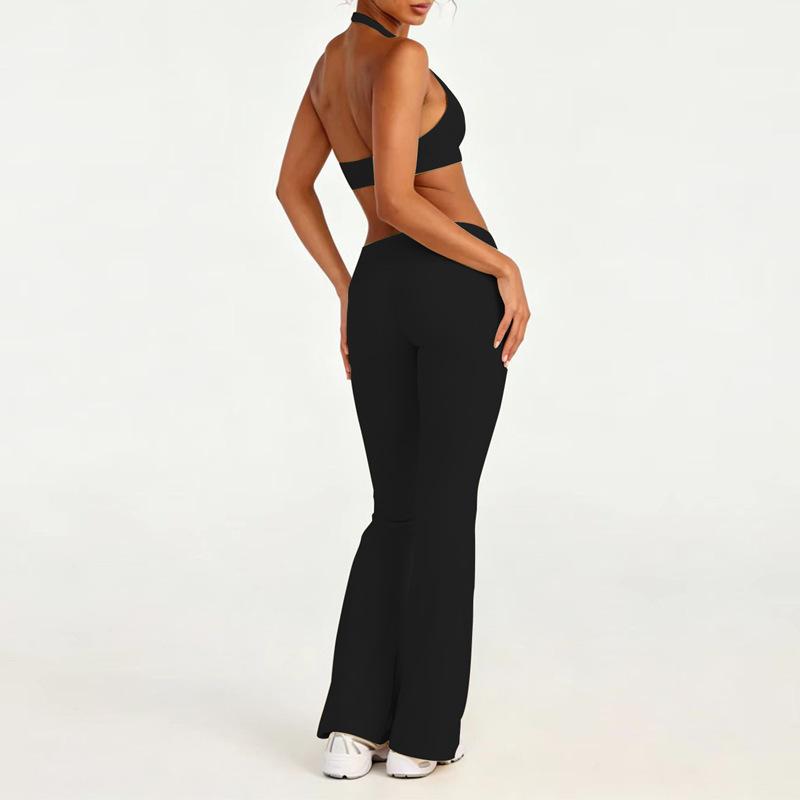 European and American yoga suit running fitness sports underwear Pilates folding flared pants training suit two-piece set
