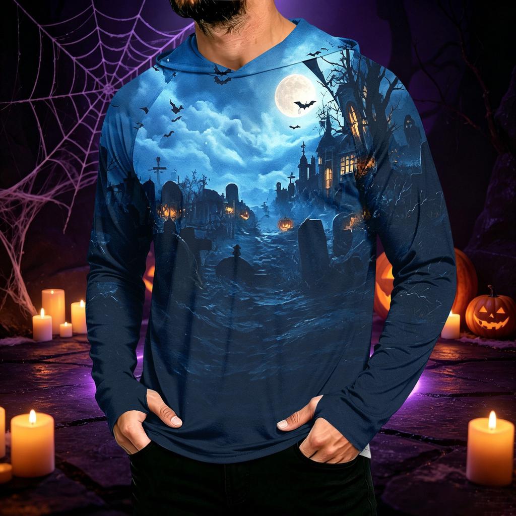 Men's Long Sleeve Hoodie Halloween Print Lightweight Pullover for Casual Wear