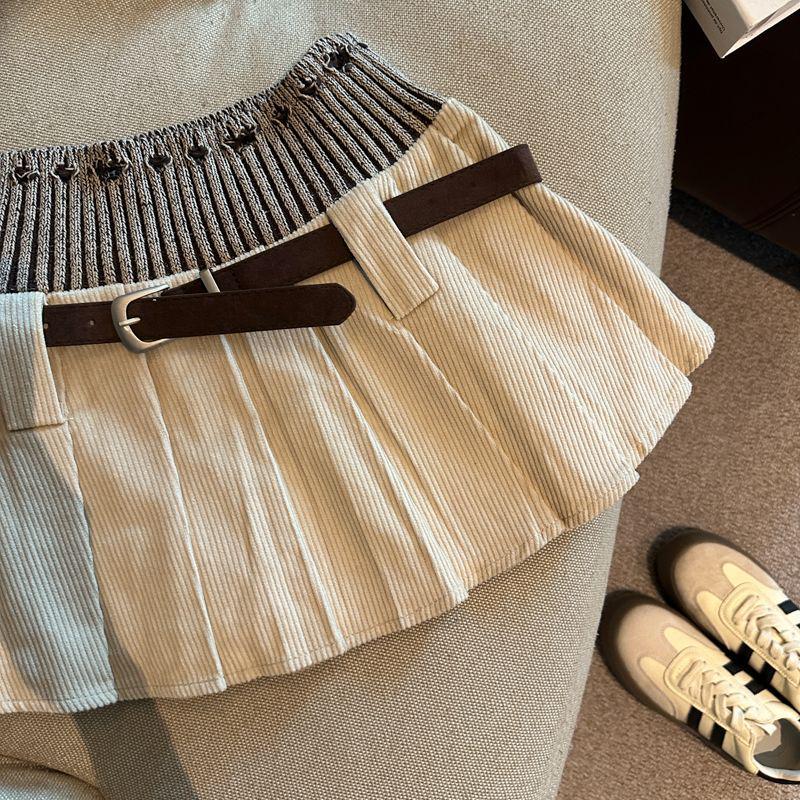 2025 Autumn Korean Style High-Waist Pleated Knit Patchwork Mini Skirt