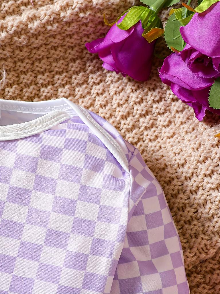 Langarm-Body für Babys und Mädchen, lässiger, süßer Langarm-Body, lila-weiß kariert gestreift