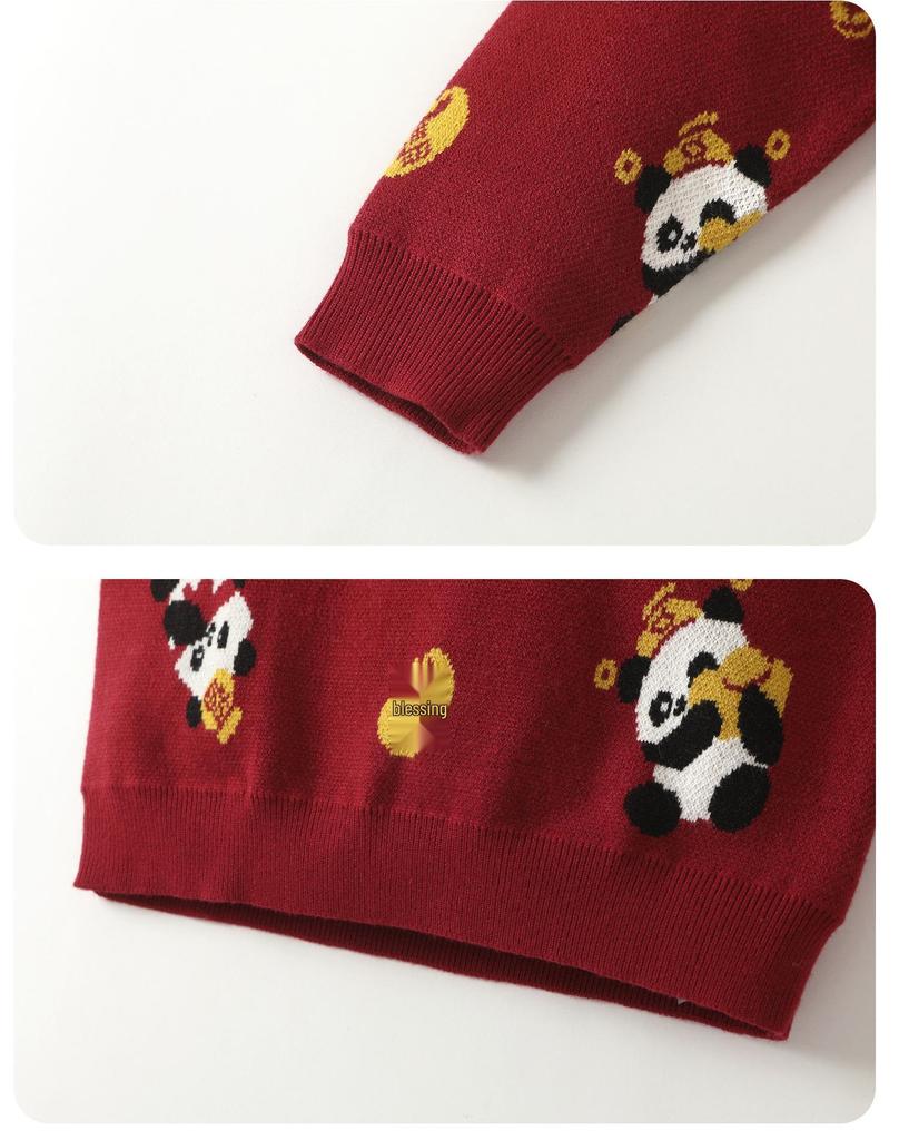 Kaka Panda Boys' New Year Sweater & Fleece-Lined Overalls Set - Trendy Children's Winter Outfit