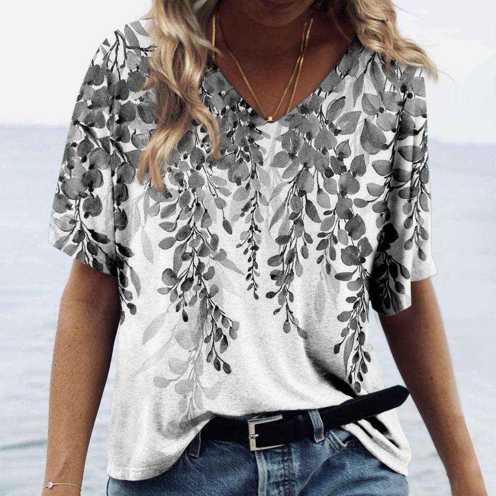 Flower Series 3D Digital Printed Women's Fun and Comfortable V-neck Short Sleeved T-shirt