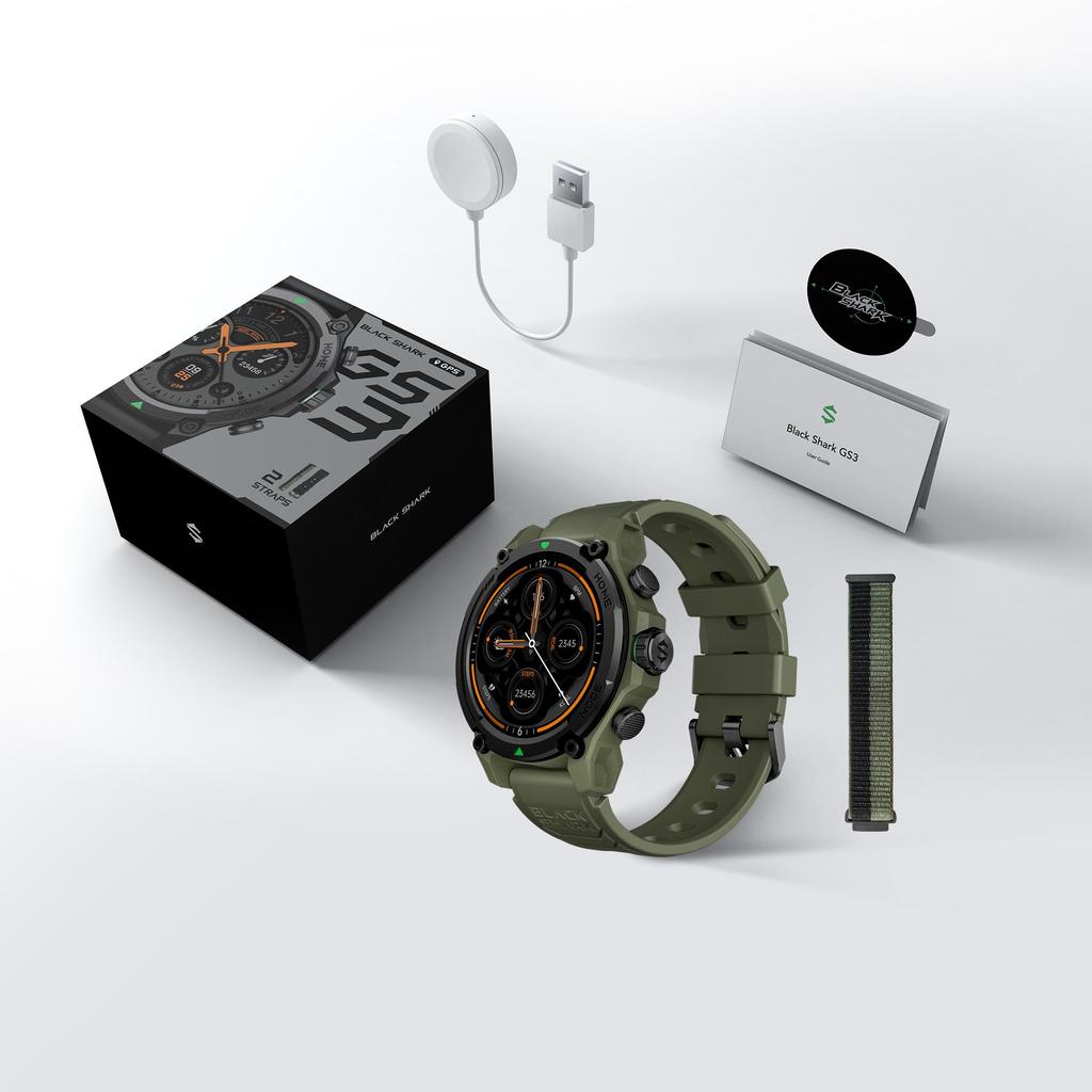 Black Shark GS3 1.43-inch Touchscreen Outdoor Sports Smartwatch with GPS,Bluetooth Connectivity,wireless charging,AI Watch Face,and Detachable Strap.