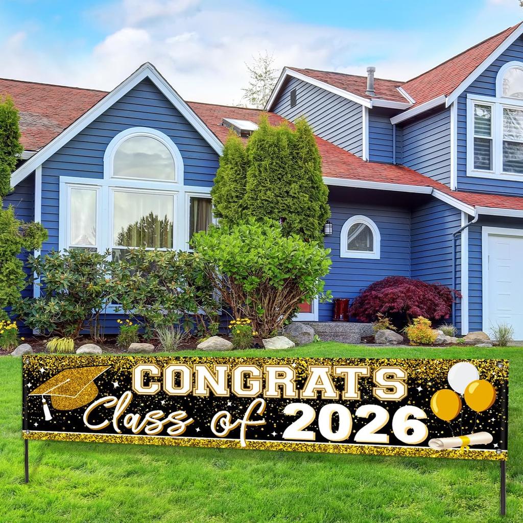 Large Congrats Grad Banner Gold Class of 2026 Banner Backdrop Graduation 2026 Yard Sign for Graduation Party Supplies Graduation Decorations 2026