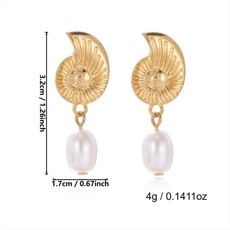 Summer Seaside Conch Imitation Pearl Drop Earrings for Women Handmade Chic Golden Shell Earring Beach Vacation Jewelry Gift