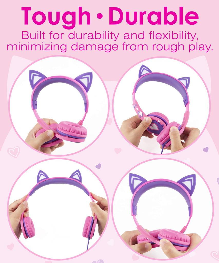 FosPower Kids' Headphones with LED Light-Up Cat Ears, 3.5mm On-Ear Audio, Braided Tangle-Free Cable (85dB) - Hot PinkPurple