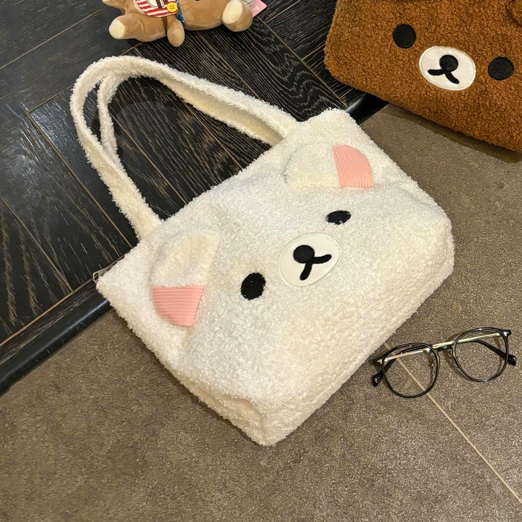Cute Bear Plush Tote Bag For Women Soft Large Capacity Shoulder Handbag Winter Commuting Gift For Girls