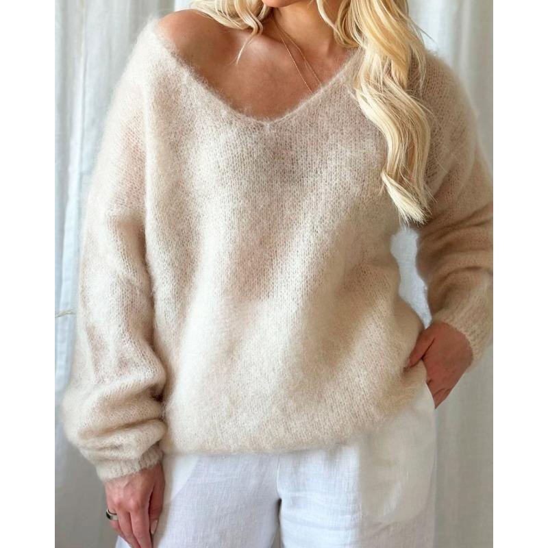 JPNTKY Women's Fashion Casual Solid Color Print Autumn Winter Long Sleeve O-Neck Loose Sweaters