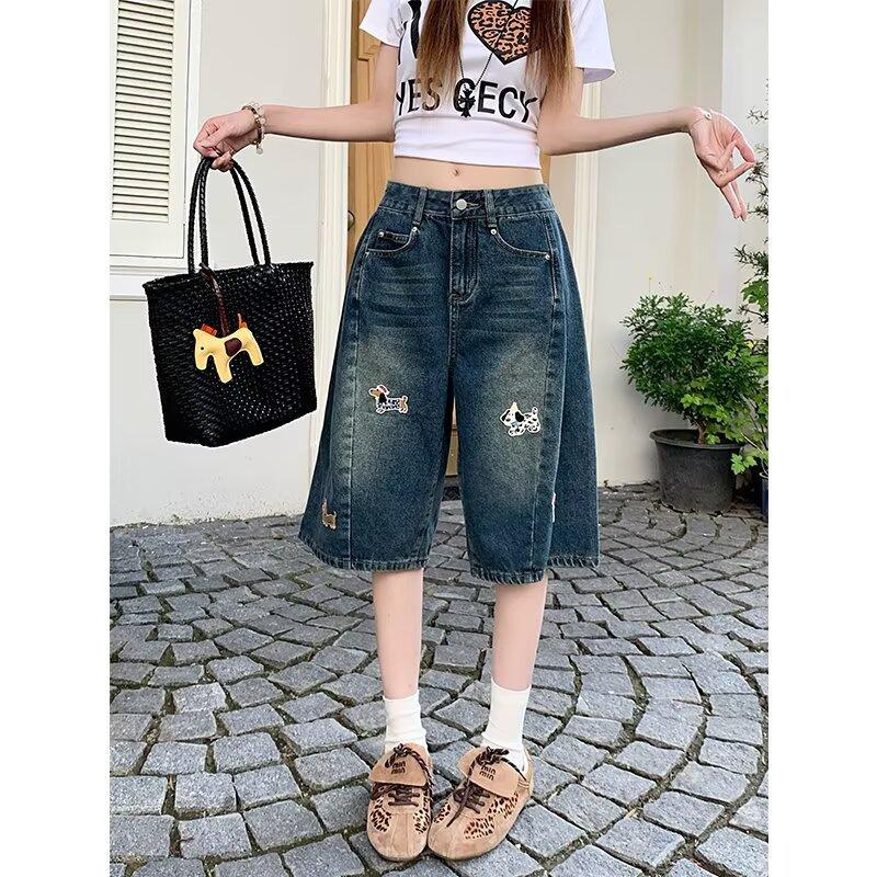 Stylish Embroidered Women's Denim Shorts 2026 Summer Loose Wide-Leg Straight Pants