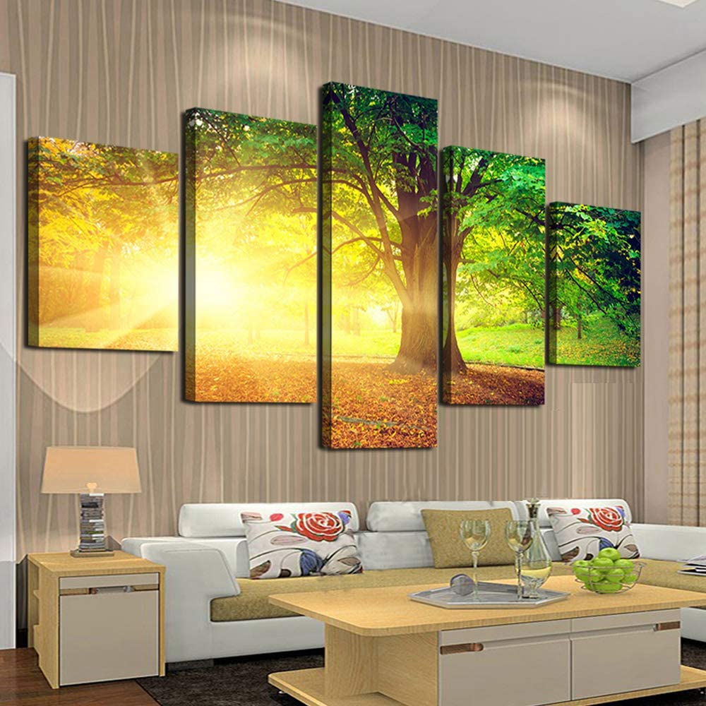 No Framed Sunset Trees Natural Forest 5 Pcs Canvas Picture Turquoise Wall Art Print Canvas Painting Wall Decor for Living Room
