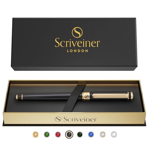 Scriveiner Black Lacquer Rollerball Pen - Stunning Luxury Pen, Genuine Gold Plated, Schmidt Ink Refill, Perfect Rollerball Gift Set for Men and Women,