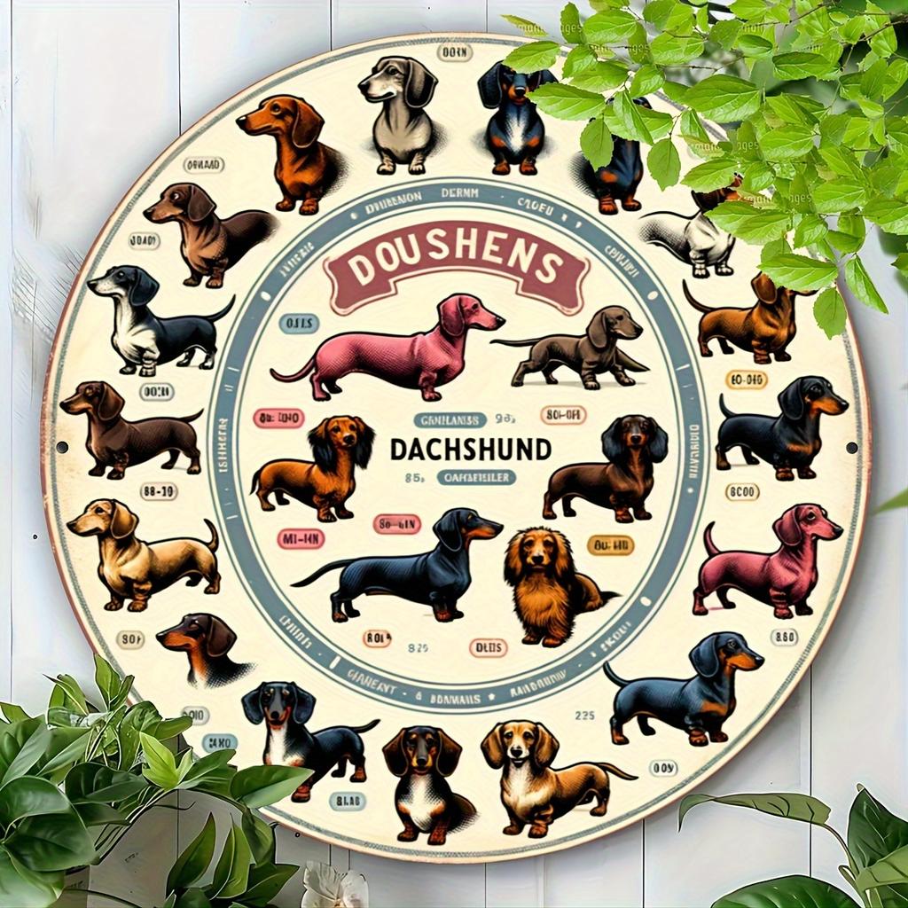 pc VintageInspired Dachshund Gathering Aluminum Sign x Round Colorful Breed Illustrations WaterResistant Easy