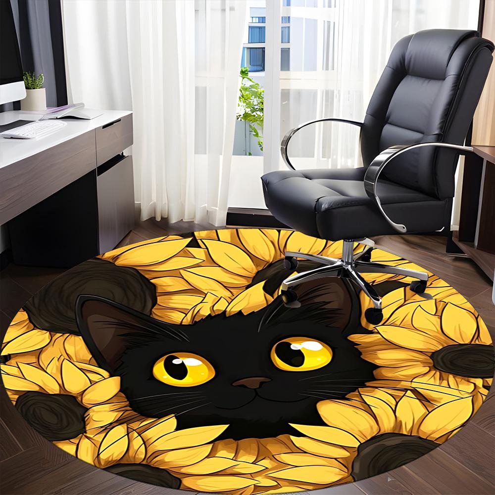 1pc Black Cat Sunflower Chair Carpet for Office, Round Polyester Mat, Indoor Decor for Office, Washable Non-slip Carpet yy251219133