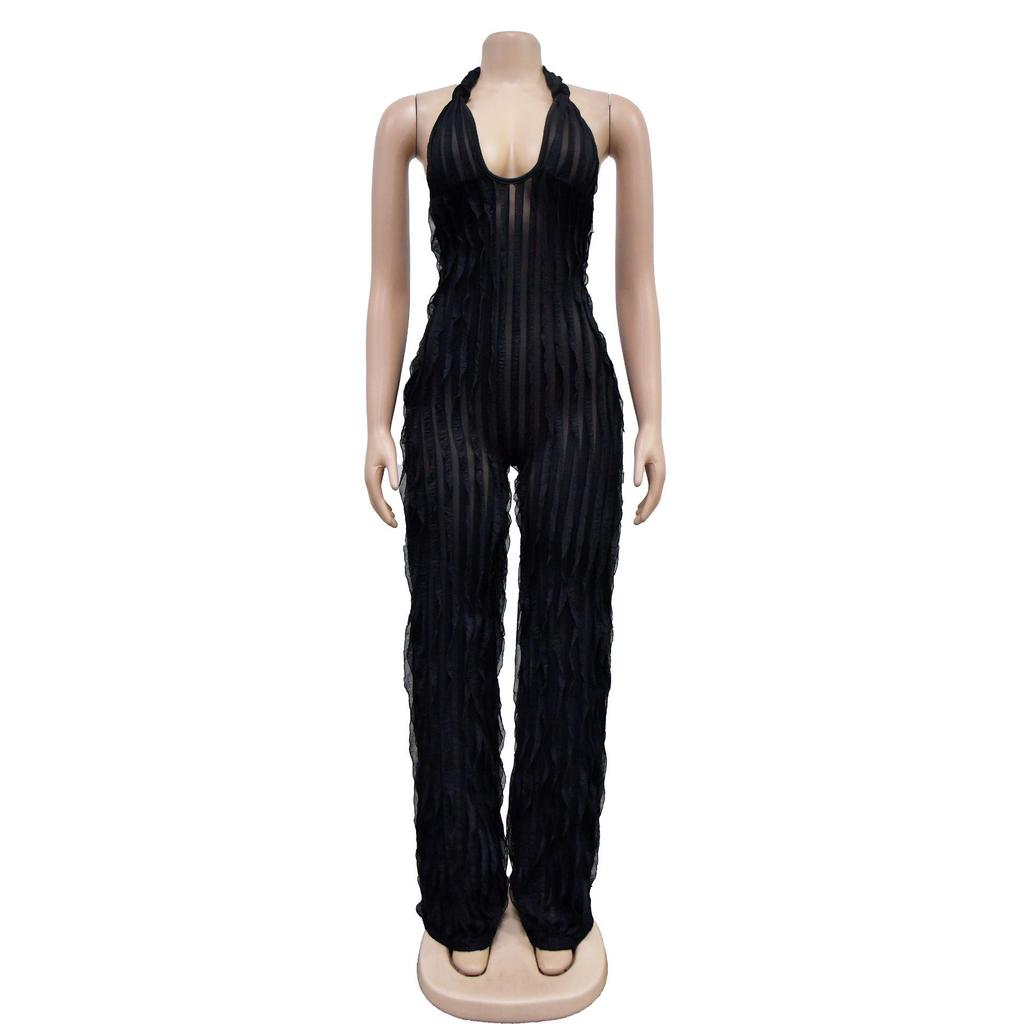 European & American Fashion Women's Solid Color Backless Deep V Pleated Halter Jumpsuit