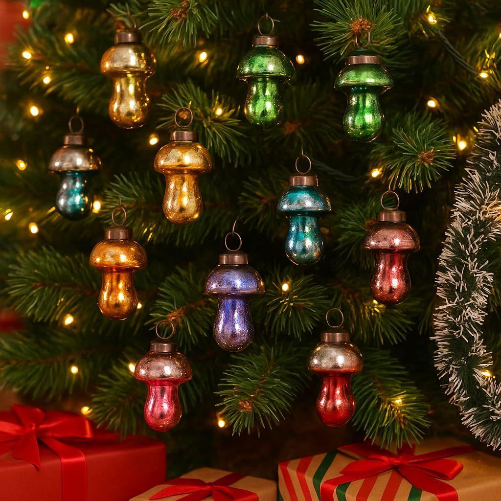 12 Multicolor Distress Mashrooom Large Christmas Ornaments Unique Glass Christmas Hanging for Tree, Halloween, New Year, Valentine Day