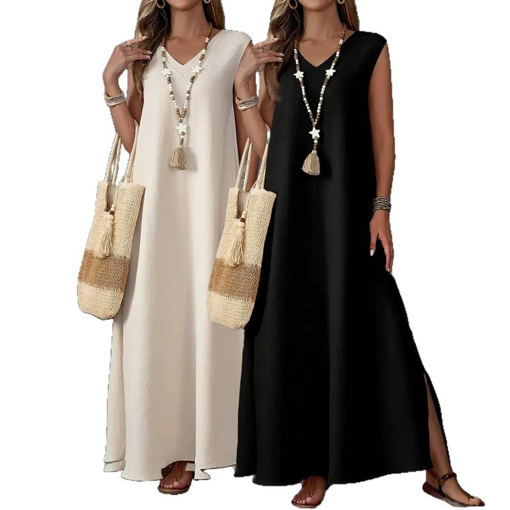 European and American Summer New Sleeveless V-neck Side Split Dress Temperament Elegant Solid Color