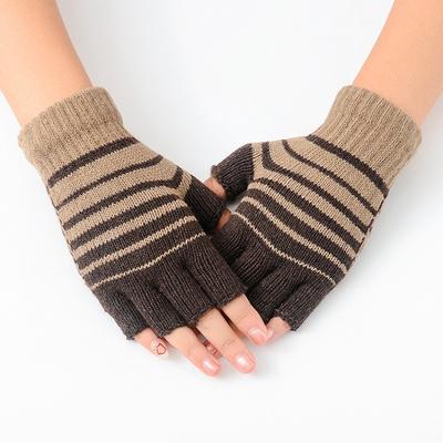 New Winter Striped Knitted Thermal Gloves for Boys, Fingerless Typing Wool, Half-finger Gloves for Women