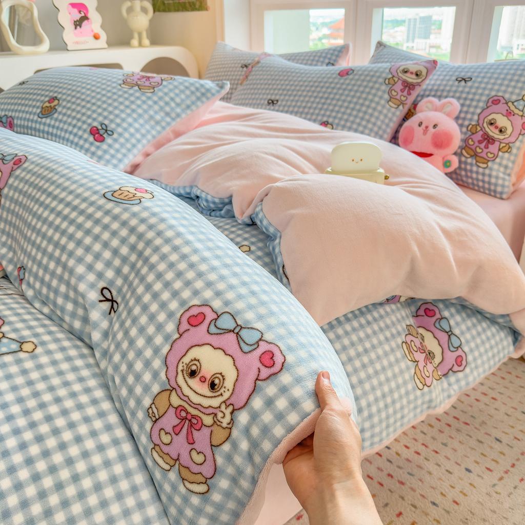 Thickened Milk Fleece Quilt Cover Single Piece Coral Fleece Quilt Cover Four-Piece Set Double-Sided Flannel Fleece