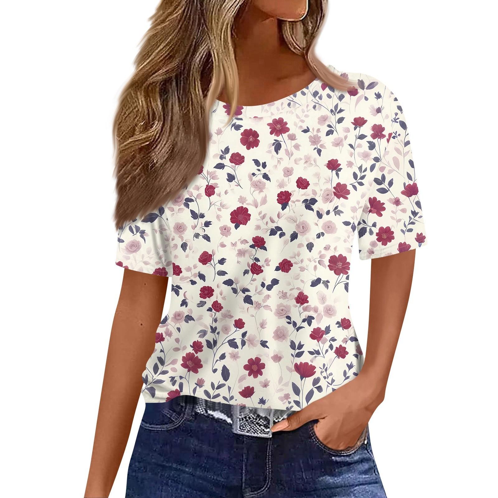 

Модний жіночий повсякденний пуловер з принтом і круглим вирізом з короткими рукавами XL червоний