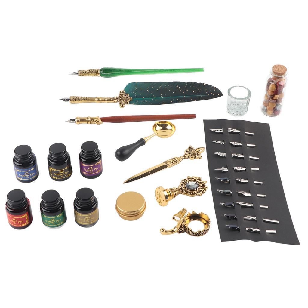 Feather Pen Set European Style British Retro Lacquer Stamp Dipped In Water Quill Pen Set with InkDark Green