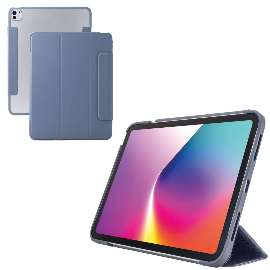ELECOM iPad Pro Flap TPU Clear 13-inch (M4) Case, Case, Shock-Resistant Material, Thin, Lightweight, Back, Blue-Gray Frame, TB-A25PLWVFCBG