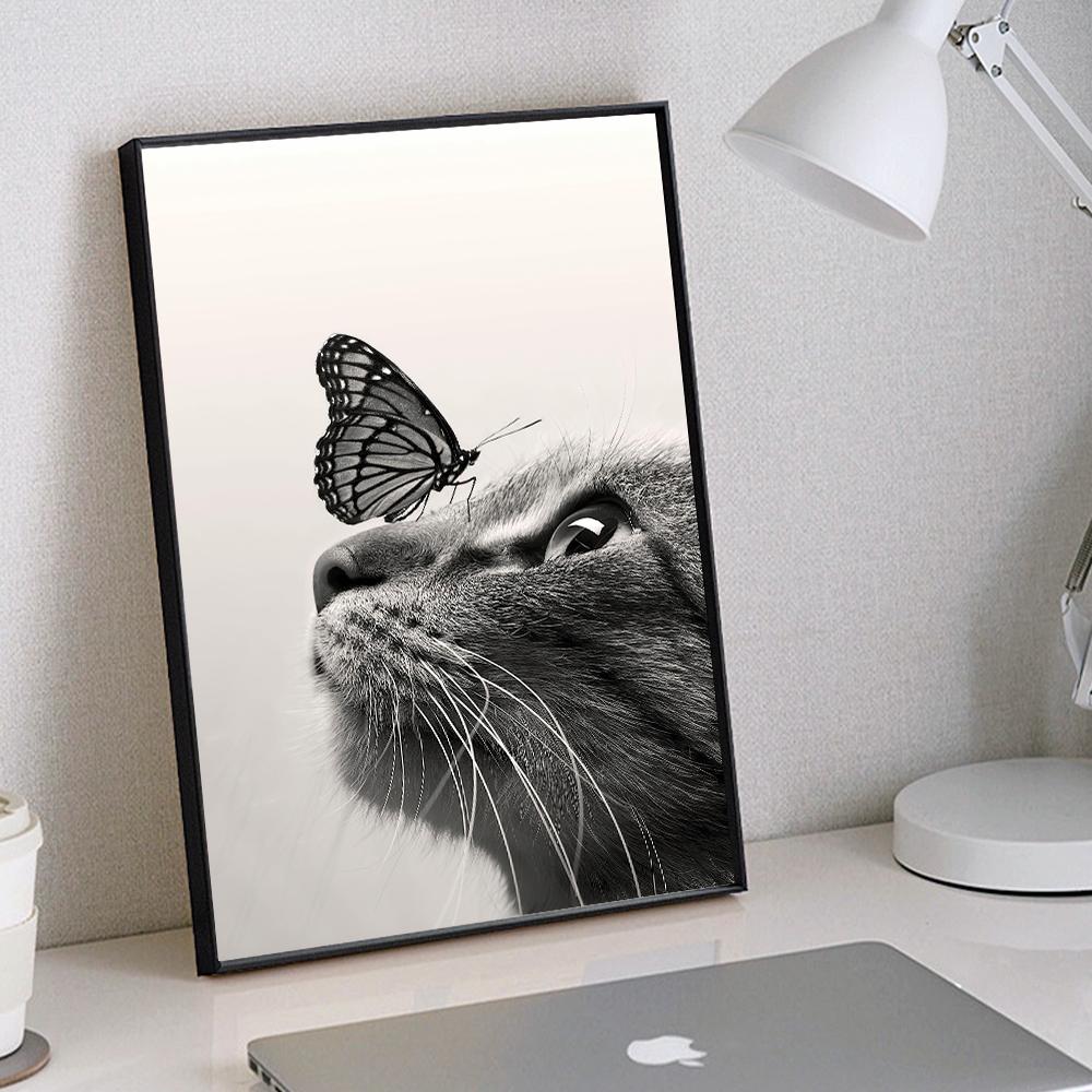 Black And White Cats Butterfly Canvas Painting Cute Animal Poster for Bedroom Decor Sports Landscape Office Room Home Decor G