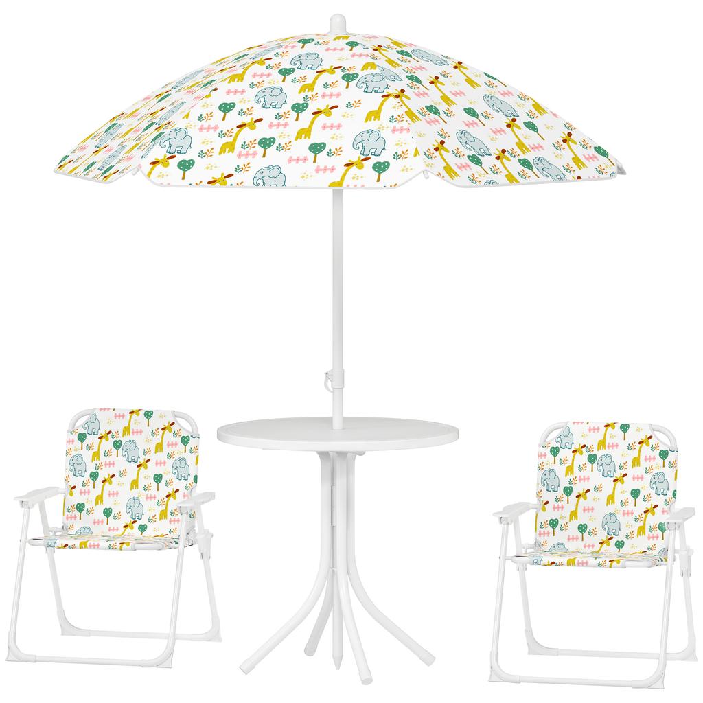 Children's 4-piece outdoor garden furniture set, elephant and giraffe design, adjustable parasol ? 100 cm, folding chair