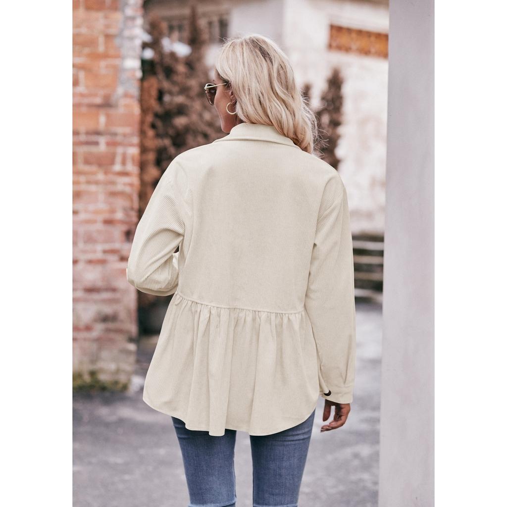 GMXIA Women's Autumn and Winter Solid Color Print Long Sleeve POLO Neck Casual Baby Shirt Corduroy Shirt