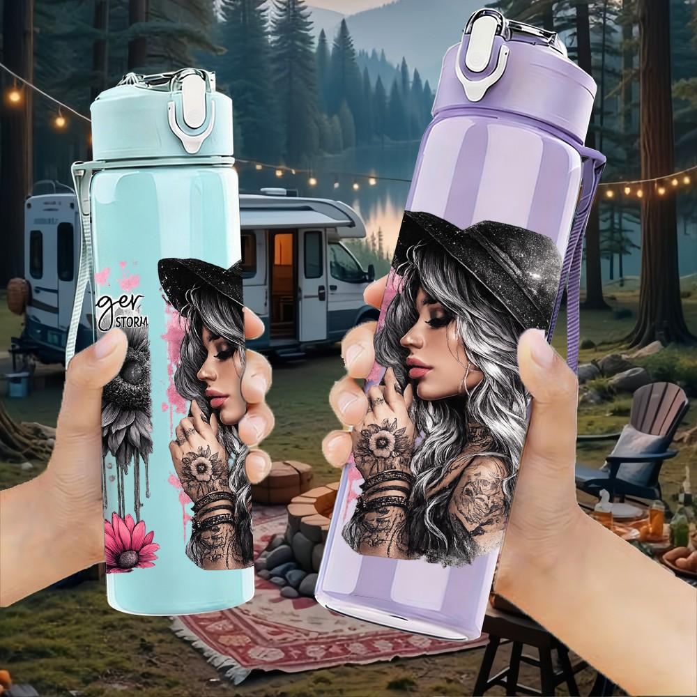 1PC Two Woman Dark Portrait Print 750ml Color Plastic Sports Water Bottle Leakproof Flip Straw Lid Suitable for Sports Office Home Use
