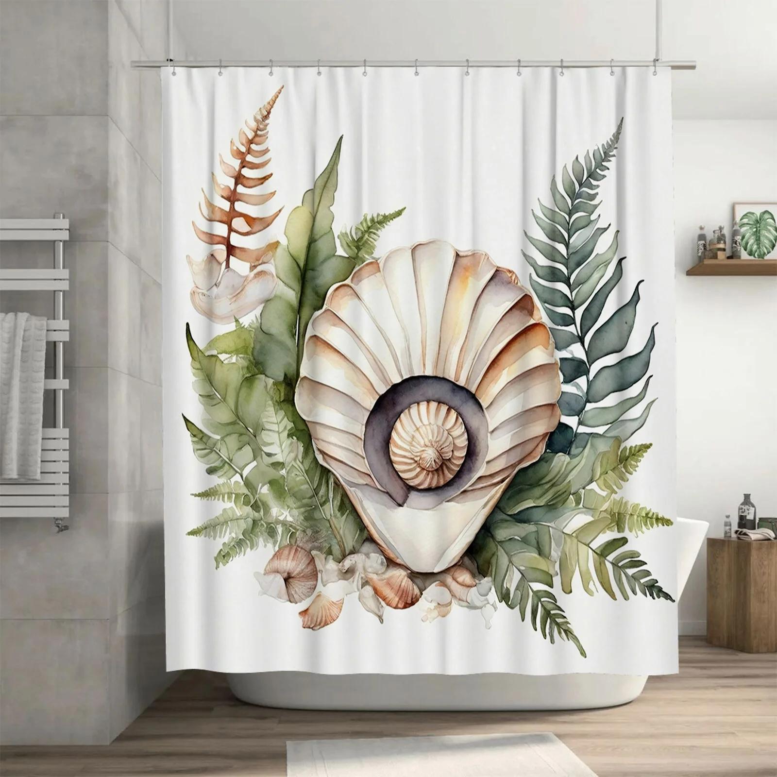 

Watercolor Shell and Ferns Waterproof Shower Curtain - Elegant Design for Bathroom Decor, Perfect for a Stylish and Unique Look W90xH180cm