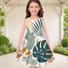 Girls Round Neck Sleeveless A Line Flared Hem Dress Tropical Leaf Printed