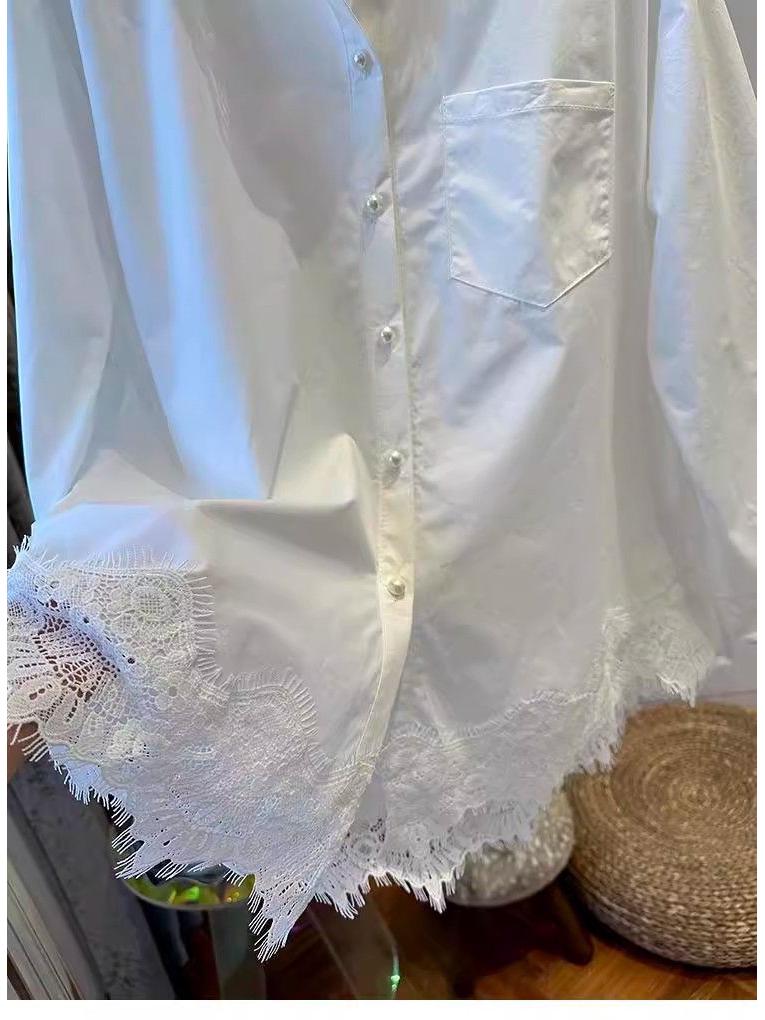 European Fashion Lace Hem Hooded Long Sleeve Women's Loose Shirt for Spring and Autumn