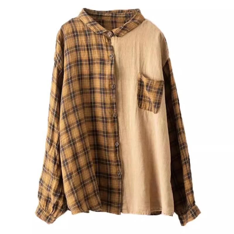 Johnature Woman Autumn Vintage Check Urn Down Collar Shirt Matching Single Breasted Long Sleeves Shirt