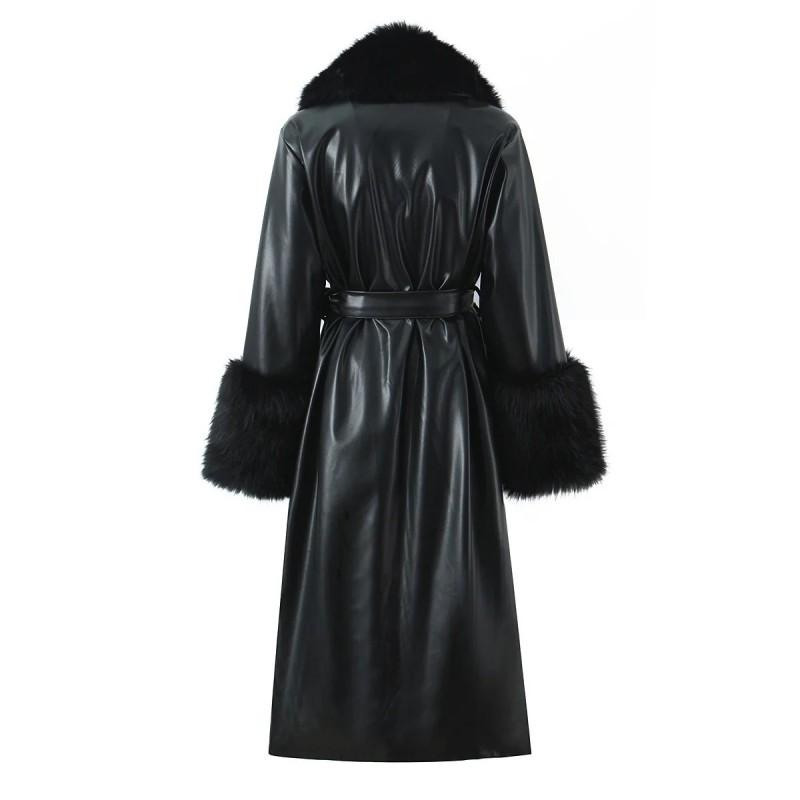 Womens Faux Fur Collar Mid-Length Leather Coat Street Style Slim Fit Winter Outerwear