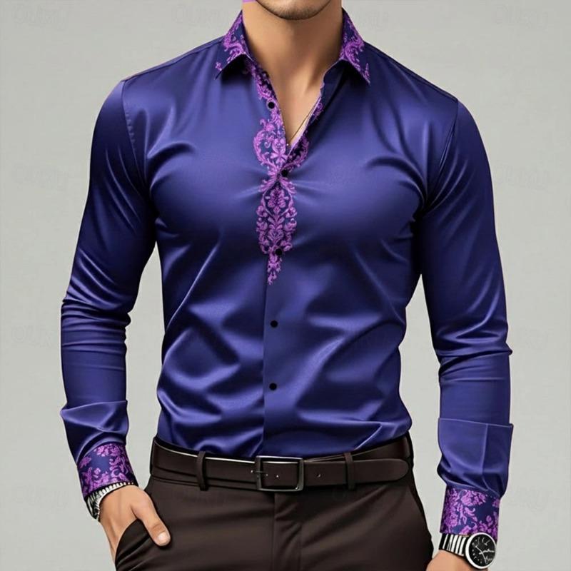 2025 Herren Neue Modische Hohe Qualität Gold Muster Satin Hohe Qualität Herren Langarm Kragen Hemd Geeignet für Party Wearin