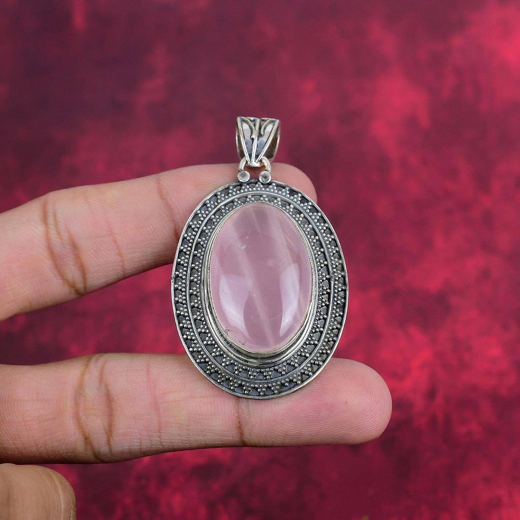 Rosenkvarts Hänge 925 Sterling Silver Hänge, Ädelstenssmycke Handgjort Kedjehänge, Fantastiskt Smyckesgåva Till Henne