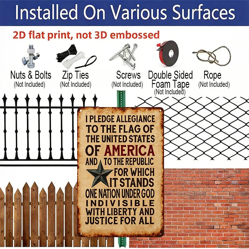 2D Flat, Vintage Aluminum Pledge of Allegiance To The United States Sign - Distressed Flag Wall Art with Stars & Stripes, Rustic Patriotic Home