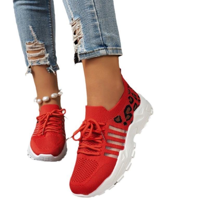 Damen Strick-Sneakers in Überweite, Leopardenmuster Wellensohle Flats, Atmungsaktive Freizeitschuhe für Damen