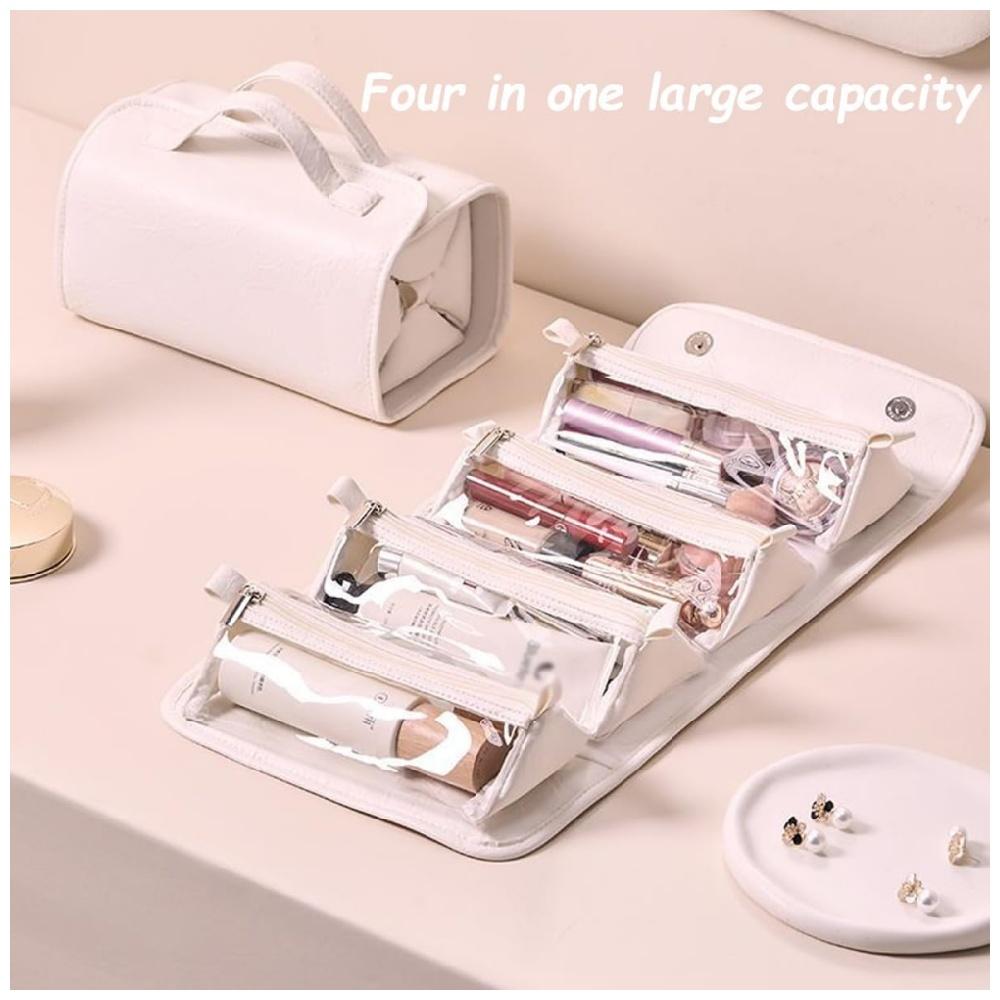 4 In 1 Travel Toiletry Bag 4 Detachable Compartments Hanging Makeup Bag PU Large Capacity Roll Up Cosmetic Bag for Travel