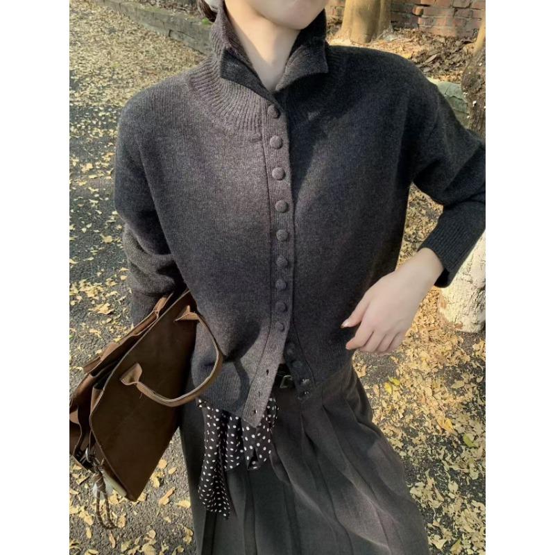 Gentle Soft Sticky High Neck Knitted Cardigan Female Fall Loose Single-breasted Short Section Lapel Sweater Coat