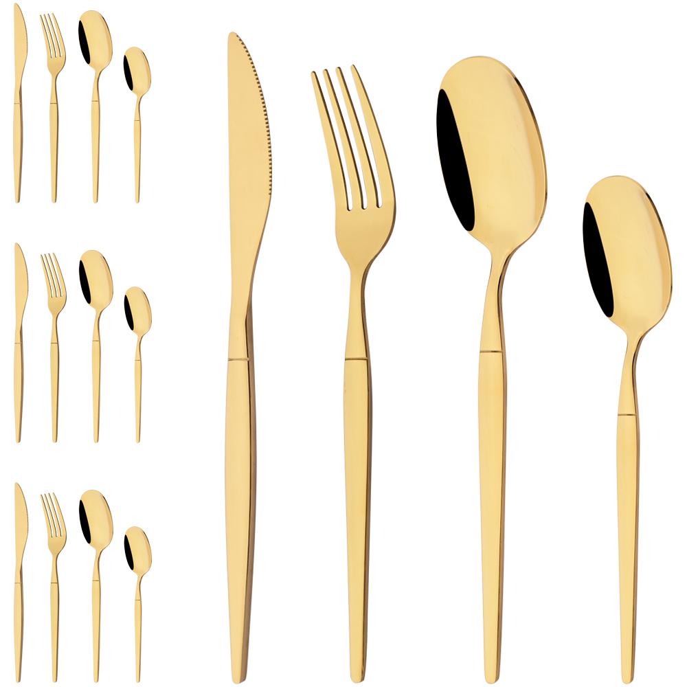 16Pcs Western Golden Cutlery Set Knife Fork Spoon Dinnerware Set Flatware Stainless Steel Silverware Party Kitchen Tableware