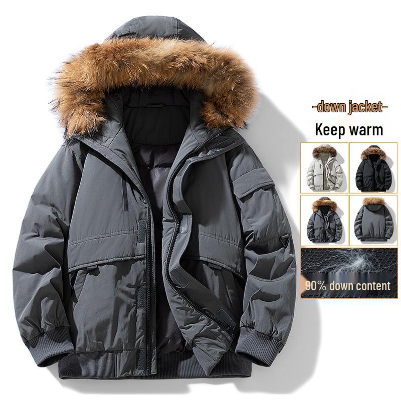 Men's Winter Mid-Length White Duck Down Parka with Large Fur Collar