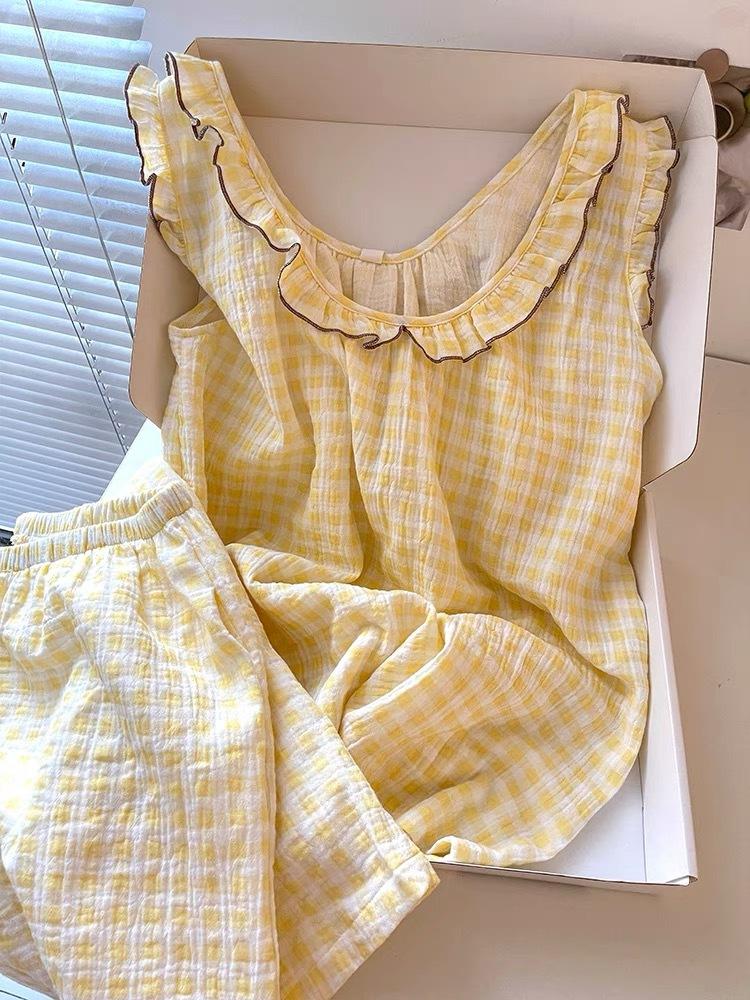 

New yellow grid simple style pajamas women s suspender shorts lace two-piece set women s loungewear S